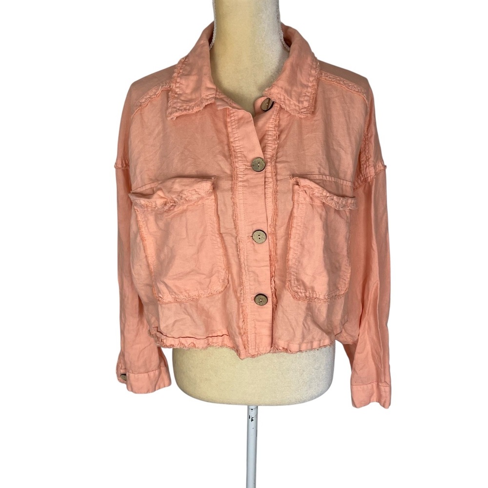 Zara Peach Coral Button Up Frayed Hem‎ Cropped Jacket Womens Large